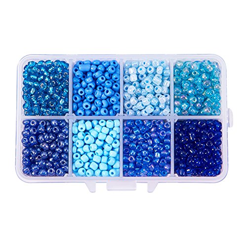 PandaHall Elite Gemischte 6/0 runde Glas Sand Perle Durchmesser 4mm ca 1440Stk. Blau mit Kasten Set gut Packung von PH PandaHall