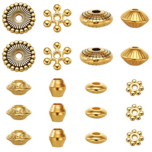 PandaHall Goldene Abstandshalter-Perlen, flach, rund, Doppelkegel, Rondelle und Blume, tibetischer Stil, kleine Metallperlen, lose Charms für Armband, Halskette, Schmuckherstellung, 320 Stück PandaHall Goldene Abstandshalter-Perlen, flach, rund, Doppelkegel, Rondelle und Blume, tibetischer Stil, kleine Metallperlen, lose Charms für Armband, Halskette, Schmuckherstellung, 320 Stück von PH PandaHall