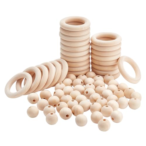 PandaHall Holzperlen und Holzring Set, 50pcs Macrame Holz Perlen, 25 stücke Holz Ringe Kreise für DIY Anhänger Anschlüsse Schmuck Machen Macrame Wandbehang Handwerk DIY Kit von PH PandaHall