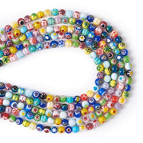 PandaHall Millefiori-Glasperlen, handgefertigt, rund, 6 mm, mit einzelner Blume für DIY-Schmuckherstellung, zufällige Farbauswahl, 5 Stränge von PandaHall
