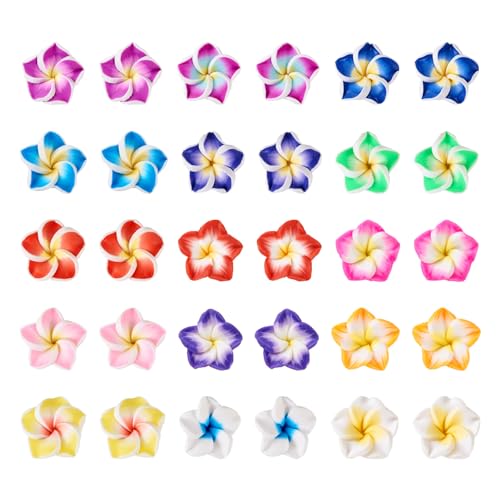 PandaHall Mini-3D-Perlen aus Polymer-Ton, Blumen-Perlen, Hawaii-Plumeria-Perlen, tropische Blumen, Cabochons, flache Rückseite, 12 ~ 13 mm, für Bastelarbeiten, Schmuckherstellung, 120 Stück von PandaHall