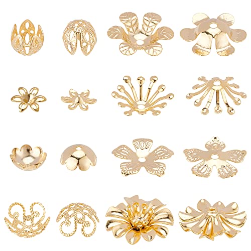 PandaHall Perlenkappen, 48 stücke 8 Stile Echt 24 Karat Vergoldet Messing Blumenförmige Endkappen Metall Filigrane Blumenkappe Für Ohrring Armband Halskette Schmuck DIY Basteln, Golden von PH PandaHall