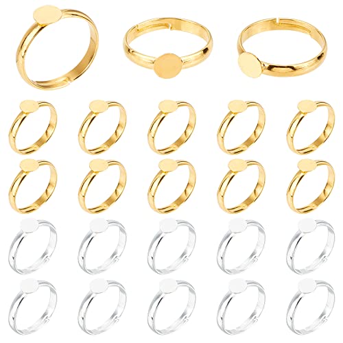 PandaHall Ringrohlinge, 40 Stück 17 mm verstellbarer Ringrohling mit 6 mm flachem Grundkörper Gold Silber blanke Fingerringe Cabochon-Grundrahmen für Ringrohlinge, Bausatz von PH PandaHall