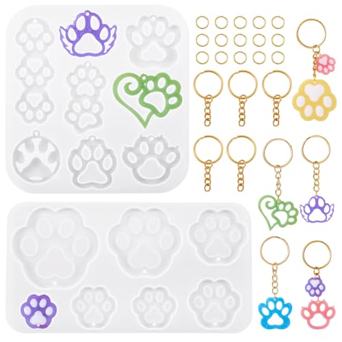 PandaHall Silikonform mit Pfotenabdruck, Motiv: Katze, Hund, Fußabdruck, Gießharzform mit Schlüsselanhängern, Biegering zum Gießen von UV-Epoxidharz, Schmuckherstellung, Schlüsselanhänger, Handwerk, 2 von PH PandaHall