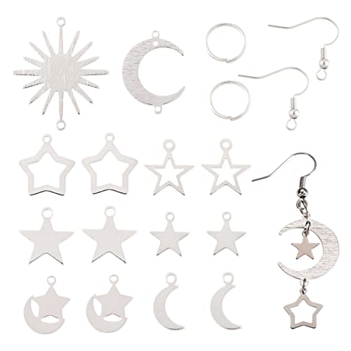 Pandahall 40 Stück Mond-Stern-Messing-Anhänger mit Ohrringhaken aus Messing und offenen Biegeringen, Platin-Messing, Sonne, Mond, Glieder für DIY-Ohrringe, Schmuckherstellung von PH PandaHall