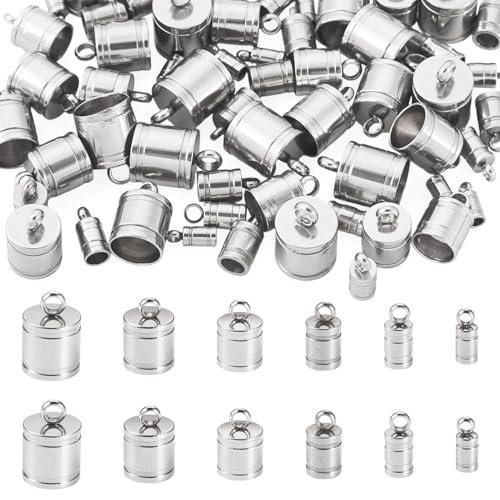 Pandahall 60 Stück Edelstahl-Säulen-Endkappen, 6 Größen, Rohrendkappen aus Metall mit Schlaufe für Lederschnur, Armband, Schmuckherstellung von PH PandaHall