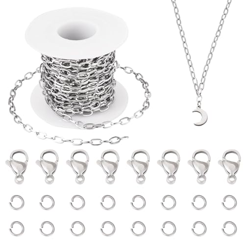 Pandahall Büroklammer-Kette aus Edelstahl, strukturiert, flach, oval, Metall, Schmuck, Großpackung mit Biegeringen, Karabinerverschlüssen für DIY-Schmuckherstellung, Halskette von PH PandaHall