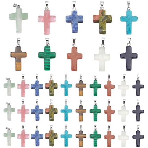 PH PandaHall 50pcs Stein Kreuz Charms 10 Farbe Edelstein Anhänger Kreuz Quarz Kristall Chakra Charms für Ostern Valentinstag Ramadan Dekoration Halskette Ohrring Armband Schmuck Herstellung von PH PandaHall
