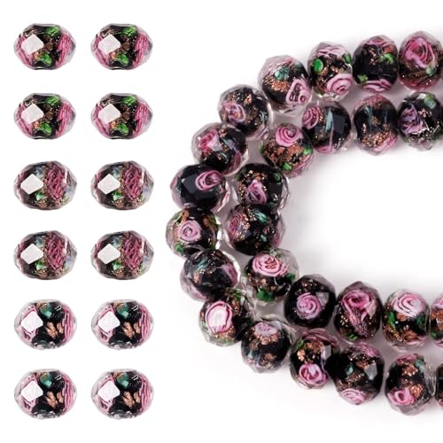 Pandahall Millefiori-Glasperlen mit schwarzen Rosen, Kristallperlen, Goldsand, Lampwork-Perlen für Armband, Halskette, Handwerk, Schmuckherstellung, 60 Stück von PH PandaHall