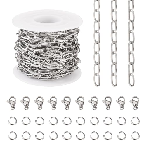 Pandahall Ovale Büroklammer-Kette aus Edelstahl, 10 x 5 mm, flache Kabelglieder, Schmuckkette mit Biegeringe und Karabinerverschlüsse, für selbstgemachte Geldbörsen, Hosenketten, Schmuckherstellung, 5 von PH PandaHall