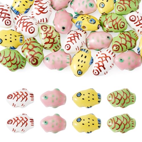 Pandahall Porzellan-Fisch-Perlen, handgefertigt, bedruckt, lose Abstandshalter, niedliches Ozean-Tier-Bastelperlen für Armbänder, Halsketten, Schmuckherstellung, 24 Stück von PH PandaHall