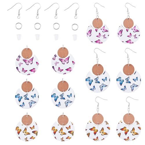 Pandahall Vintage Boho baumelnde Ohrringe Herstellung Kit für DIY Frauen Ohrringe, Holz Flach Rund Gedruckt Schmetterling Ohrring Connector Charms mit Ohrringhaken und Biegeringe (6 Stück) von pandahall