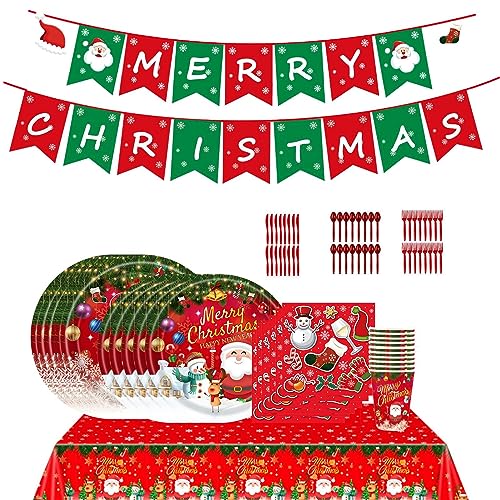 Weihnachts-Partyzubehör-Set, 114-teiliges Weihnachtsmann-Elch-Partyzubehör mit Tischdecke, Pappteller, Weihnachts-Partygeschenke für Familientreffen von PHASZ