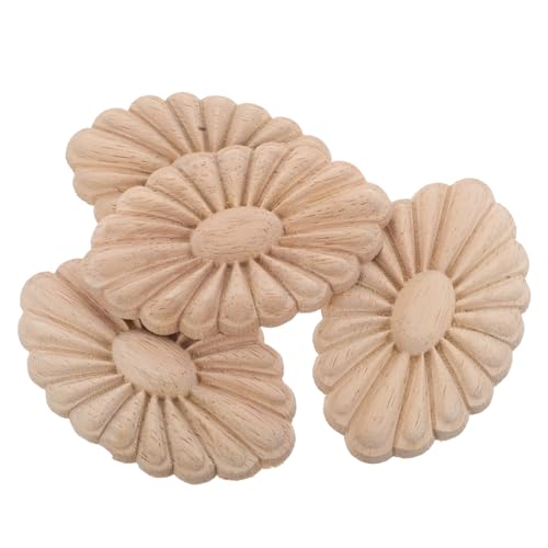 PHENOFICE 4 Stück unbemalte Holz-Blumen-Onlay-Applikationen, handgefertigte Blumen-Bastelaufkleber für Schrank, Kommode, Kleiderschrank, Dekoration. von PHENOFICE