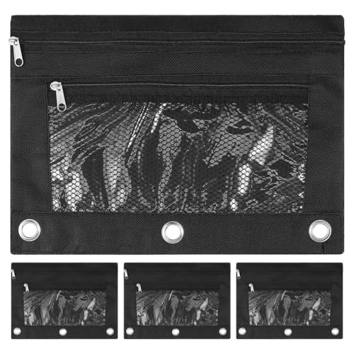 PHENOFICE 4-teiliger Ordner-Stifte-Organizer: Federmäppchen aus Oxford-Stoff mit 3 Löchern und Metallreißverschluss – Schreibwarentasche mit transparentem Fenster für Stifte, Karteikarten und von PHENOFICE