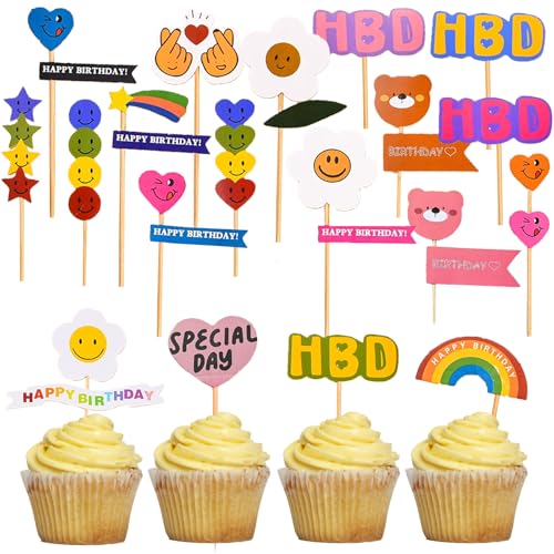 Cupcake-Topper in Herzform, Regenbögen, Blumen und die Worte "HBY", Geburtstagsparty-Dekorationen und personalisierte Kuchendekorationen, 40 Stück Cupcake-Topper in Herzform, Regenbögen, Blumen und die Worte "HBY", Geburtstagsparty-Dekorationen und personalisierte Kuchendekorationen, 40 Stück von PHIOMUUE