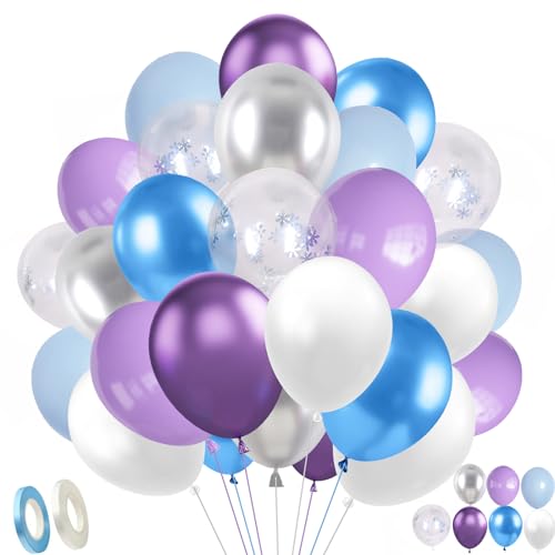 Frozen Luftballons, 60 Stück Blau Lila Luftballons Schneeflocken Konfetti Ballons Metallic Luftballons Blau Lila Silber für Mädchen Geburtstag Babyparty Wonderland Party Deko (Blau Lila) von PHISGNIO