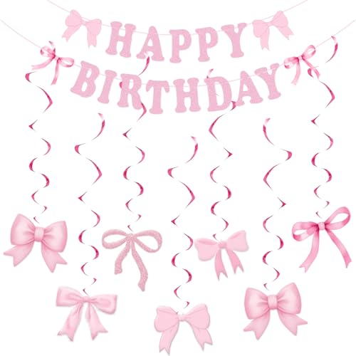 Geburtstag Girlande mit Rosa Schleife, Happy Birthday Banner Geburtstagsdeko mit Rosa Schleife, Geburtstag Party Deko für Mädchen Frauen Kindergeburtstag von PHISGNIO