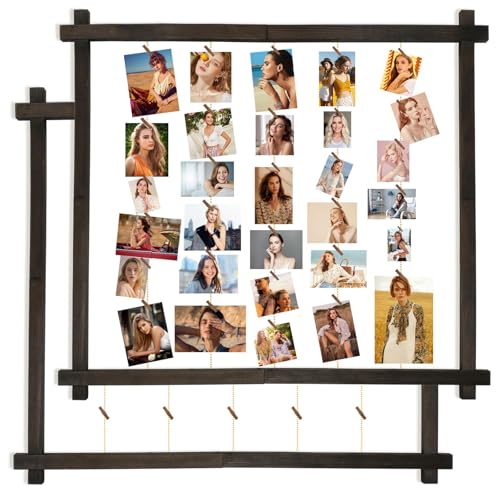 Holz-Bilderrahmen, Collage, Foto-Display mit 30 Clips, hängende Bildtafel, Wanddekoration für Abschluss, Briefe, Postkarte, Grußkarte, Organizer, Kiefer, verstellbare Perlenschnur, 2 Stück (schwarze Holz-Bilderrahmen, Collage, Foto-Display mit 30 Clips, hängende Bildtafel, Wanddekoration für Abschluss, Briefe, Postkarte, Grußkarte, Organizer, Kiefer, verstellbare Perlenschnur, 2 Stück (schwarze von PHOENANCEE