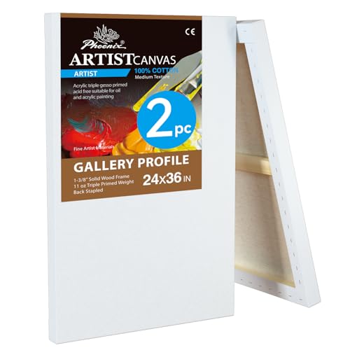 PHOENIX Galerie-Leinwand, 61 x 91 cm, 3,8 cm dick, extra große Leinwände zum Malen, tiefer Rand, 100 % Baumwolle, 325 ml, Gesso grundiert, weiß, blanko, professionelle Öl- und Acrylfarben, 2 Stück von PHOENIX