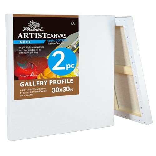 PHOENIX Galerie-Leinwand, 76,2 x 76,2 cm, 3,8 cm dick, groß, quadratisch, zum Malen, 100 % Baumwolle, 325 ml, Gesso grundiert, weiß, blanko, professionelle Leinwand, Öl- und Acrylfarben, 2 Stück PHOENIX Galerie-Leinwand, 76,2 x 76,2 cm, 3,8 cm dick, groß, quadratisch, zum Malen, 100 % Baumwolle, 325 ml, Gesso grundiert, weiß, blanko, professionelle Leinwand, Öl- und Acrylfarben, 2 Stück von PHOENIX