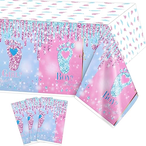 PHOGARY 3 PCS Baby Gender Reveal Tischdecke Gender Reveal Dekorationen,er oder Sie Tischabdeckung Kunststoff Rechteckige rosa und Blaue Tischdecke für Jungen oder Mädchen Gender Reveal Party 54"x108" von PHOGARY