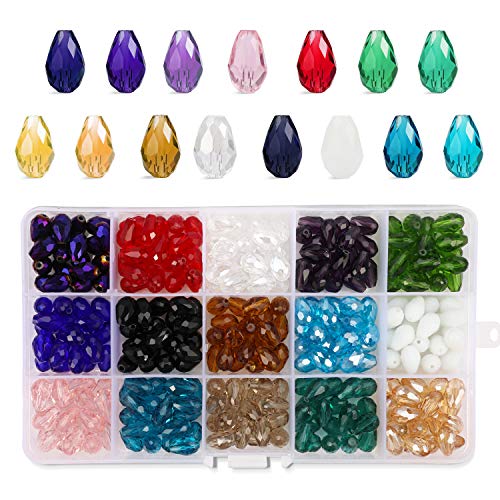 PHOGARY 300pcs Facettierte Glasperlen, Kristall Glas Perlen, 8 * 12mm Wassertropfenform für die Schmuckherstellung (15 Farben) von PHOGARY