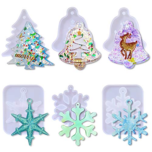 PHOGARY 6 STK Epoxidharz Formen, Silikonform (Weihnachten Anhänger), Harz Formen Set, Resin Form Harz Ggießen Formen für Weihnachtsschmuck DIY Schneeflocken Weihnachts Baum Hängeornamente von PHOGARY