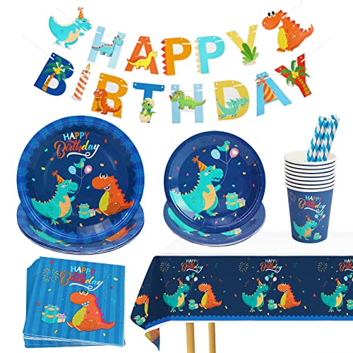 PHOGARY Dinosaurier Geburtstags Party Vorräte, Dient 8, Dinosaurier Party Favors, Teller, Tassen, Tischdecken, Servietten, Strohhalme für die Geburtstagsfeier, Dino Geburtstag Banner von PHOGARY
