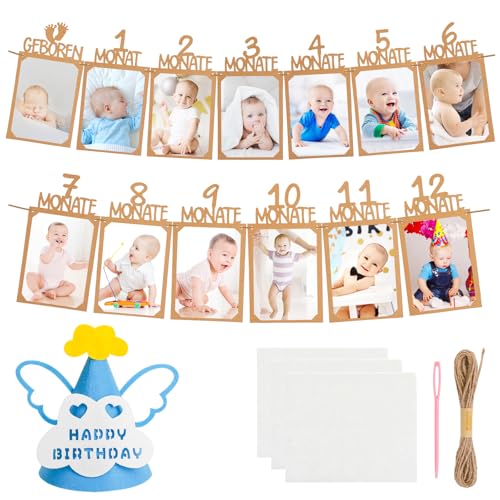 PHOGARY Foto Girlande 1. Geburtstag, 1 bis 12 Monate Baby Foto Banner Geburtstagsdeko, Mädchen Jungen Geburtstag Party hängende Wanddekoration Kommunion Taufe deko mit Geburtstagshüten (Blau) von PHOGARY