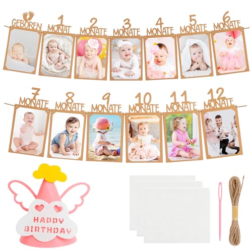 PHOGARY Foto Girlande 1. Geburtstag, 1 bis 12 Monate Baby Foto Banner Geburtstagsdeko, Mädchen Jungen Geburtstag Party hängende Wanddekoration Kommunion Taufe deko mit Geburtstagshüten (Rosa) von PHOGARY
