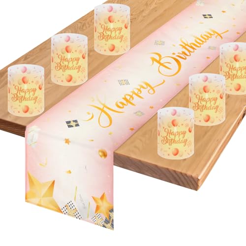 PHOGARY Geburtstag Tischdeko - Rosa Tischläufer und 6 Windlichter Tischdeko, 180x33cm Leinen Happy Birthday Tischdekoration, Geburtstagsdeko für Frauen Männer Mädchen Jungen Kinder von PHOGARY