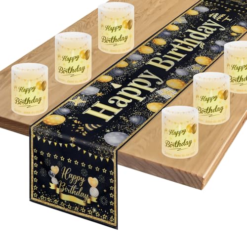 PHOGARY Geburtstag Tischdeko - Schwarz Gold Tischläufer und 6 Windlichter Tischdeko, 180x33cm Leinen Happy Birthday Tischdekoration, Geburtstagsdeko für Frauen Männer Mädchen Jungen Kinder von PHOGARY