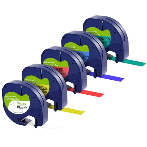 5 Stück Etikettenbänder weiß/blau/gelb/rot/grün für Dymo LetraTag LT-100H/LT-100T/2000/XM/XR/QX50 – Kunststoffetikett Nachfüllpackung 91201 91202 91203 91204 91205 12 mm x 4 m Phonillico® von PHONILLICO