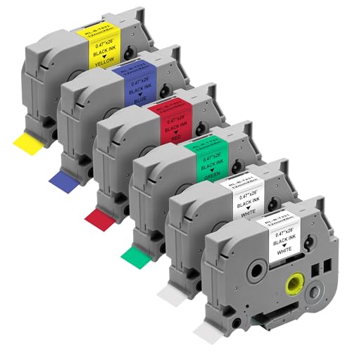 Etikettenband für Brother P-touch PT-H110 / PT-H107 / PT-E100 / PT-D210 – Nachfülletikett TZe-231/TZ231/431/531/531/631/731 12 mm x 8 m, Weiß / Blau / Gelb / Rot / Grün, 6 Stück Phonillico® von PHONILLICO