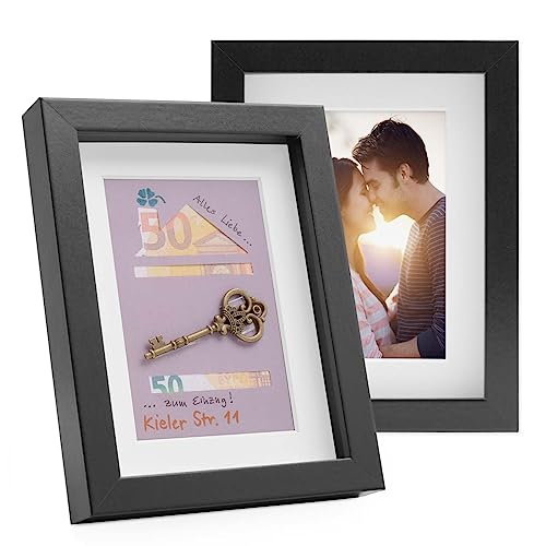 PHOTOLINI 3D Bilderrahmen zum Befüllen 15x20 Schwarz, 1,5 cm tiefer Objektrahmen mit Glas, 2X tiefer Bilderrahmen 15x20 Holz MDF mit Passepartout, Dicker 3D Rahmen befüllbar für Gegenstände Geschenk von PHOTOLINI