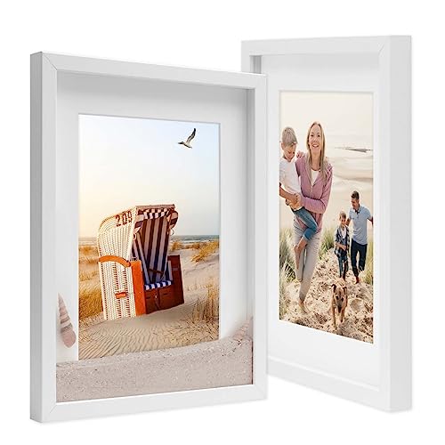 PHOTOLINI 3D Bilderrahmen zum Befüllen 30x40 Weiß groß, 1,5 cm tiefer Objektrahmen mit Glas, 2X tiefer Bilderrahmen 30x40 Holz MDF mit Passepartout, Dicker 3D Rahmen befüllbar für Gegenstände von PHOTOLINI