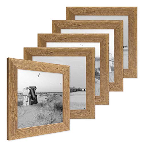 Bilderrahmen 10x10 cm Holz Eiche-Optik, 5er Set Echtholz-Rahmen rustikal, Strandhaus, Made in Germany, Echtglas, zum Aufhängen & Aufstellen, extra Zubehör - Treibholzlook mit einem Hauch Küstenflair von PHOTOLINI