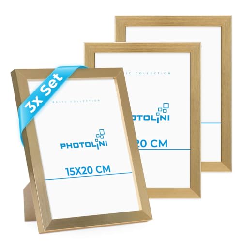 PHOTOLINI Bilderrahmen 15x20 Holz MDF Gold, 3er Set Bilderrahmen 20x15, Picture Frame mit Acrylglas, Fotorahmen 15x20 zum Aufhängen & Aufstellen, Rahmen 15 x 20 cm mit Zubehör für Fotos & Poster PHOTOLINI Bilderrahmen 15x20 Holz MDF Gold, 3er Set Bilderrahmen 20x15, Picture Frame mit Acrylglas, Fotorahmen 15x20 zum Aufhängen & Aufstellen, Rahmen 15 x 20 cm mit Zubehör für Fotos & Poster von PHOTOLINI