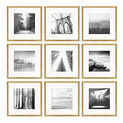 PHOTOLINI Bilderrahmen 30x30 cm Gold MDF-Holz, 9er Set Posterrahmen mit Passepartout, bruchsicheres Acrylglas, zum Aufhängen, extra Zubehör - für Fotos, Bilder & Poster von PHOTOLINI