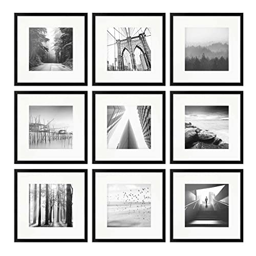 PHOTOLINI Bilderrahmen 30x30 cm Schwarz MDF-Holz, 9er Set Posterrahmen mit Passepartout, bruchsicheres Acrylglas, zum Aufhängen, extra Zubehör - für Fotos, Bilder & Poster von PHOTOLINI