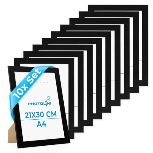 PHOTOLINI Bilderrahmen A4 Set Schwarz Holz MDF, 10er Set breite DIN A4 Bilderrahmen 21x30, bruchsicheres Acrylglas, picture frame zum Aufhängen & Aufstellen, Bilder Rahmen 30x21 mit Zubehör PHOTOLINI Bilderrahmen A4 Set Schwarz Holz MDF, 10er Set breite DIN A4 Bilderrahmen 21x30, bruchsicheres Acrylglas, picture frame zum Aufhängen & Aufstellen, Bilder Rahmen 30x21 mit Zubehör von PHOTOLINI