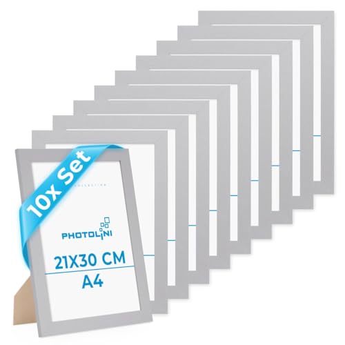 PHOTOLINI Bilderrahmen A4 Set Holz MDF, 10er Set breite DIN A4 Bilderrahmen 21x30 Silber, bruchsicheres Acrylglas, picture frame zum Aufhängen & Aufstellen, Bilder Rahmen 30x21 mit Zubehör PHOTOLINI Bilderrahmen A4 Set Holz MDF, 10er Set breite DIN A4 Bilderrahmen 21x30 Silber, bruchsicheres Acrylglas, picture frame zum Aufhängen & Aufstellen, Bilder Rahmen 30x21 mit Zubehör von PHOTOLINI
