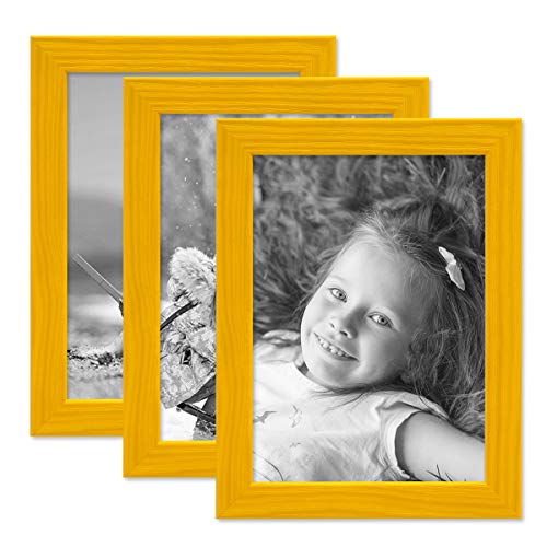 PHOTOLINI Bilderrahmen Kinderzimmer 10x15 cm Gelb, 3er Set Wechselrahmen farbig, Holz, Acrylglas, Made in Germany, zum Aufstellen & Aufhängen, mit Zubehör - für bunte Kinderbilder von PHOTOLINI