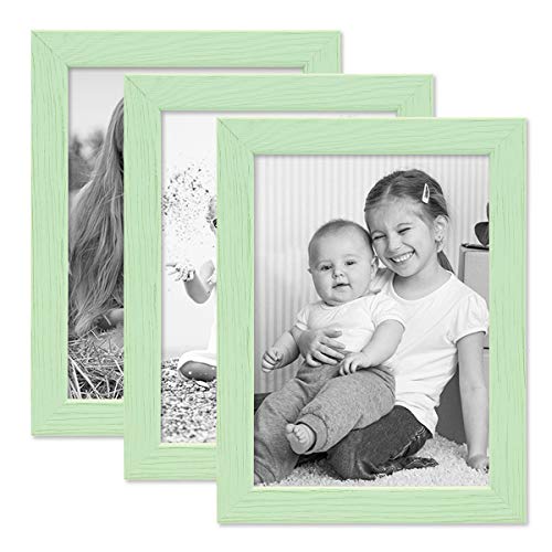 PHOTOLINI Bilderrahmen Kinderzimmer 10x15 cm Grün, 3er Set Wechselrahmen farbig, Holz, Acrylglas, Made in Germany, zum Aufstellen & Aufhängen, mit Zubehör - für Bunte Kinderbilder von PHOTOLINI