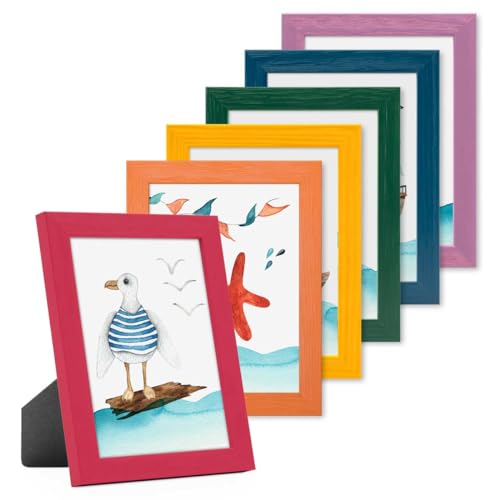 PHOTOLINI Bilderrahmen Kinderzimmer 15x20 cm Regenbogenfarben, 6er Set Wechselrahmen farbig, Holz, Acrylglas, Made in Germany, zum Aufstellen & Aufhängen, mit Zubehör - für bunte Kinderbilder von PHOTOLINI