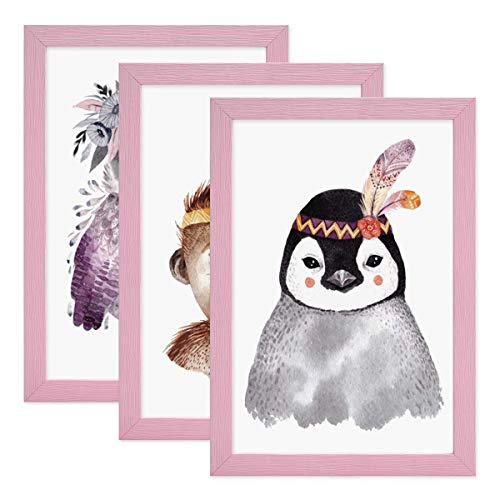 PHOTOLINI Bilderrahmen Kinderzimmer A4 21x30 cm Rosa, 3er Set Wechselrahmen farbig, Holz, Acrylglas, Made in Germany, zum Aufhängen, mit Zubehör - für bunte Kinderbilder von PHOTOLINI
