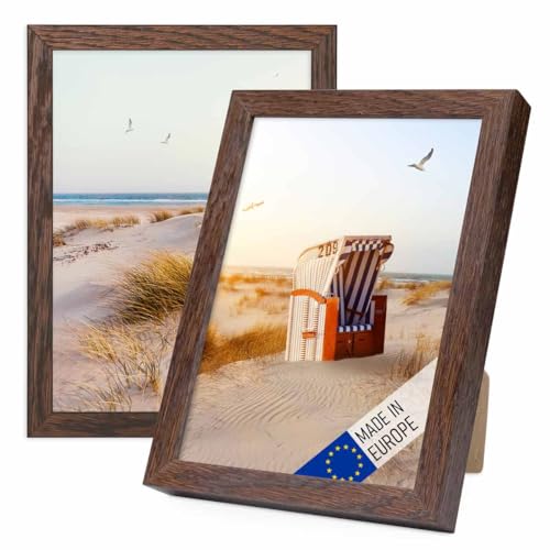 PHOTOLINI Bilderrahmen Holz 15x20 Eiche Dunkel, Holzbilderrahmen Made in EU, 2er Set, bruchsicheres Acrylglas, zum Aufhängen & Aufstellen, extra Zubehör - für Ihre liebsten Fotos & Bilder von PHOTOLINI