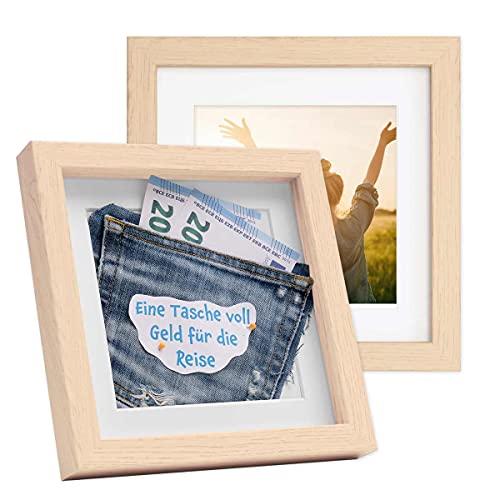 PHOTOLINI 3D Bilderrahmen zum Befüllen 20x20 Natur, 1,5 cm tiefer Objektrahmen mit Glas, 2X tiefer Bilderrahmen 20x20 Holz MDF mit Passepartout, Dicker 3D Rahmen befüllbar für Gegenstände Geschenk von PHOTOLINI