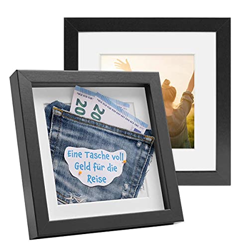 PHOTOLINI 3D Bilderrahmen zum Befüllen 20x20 Schwarz, 1,5 cm tiefer Objektrahmen mit Glas, 2X tiefer Bilderrahmen 20x20 Holz MDF mit Passepartout, Dicker 3D Rahmen befüllbar für Gegenstände Geschenk von PHOTOLINI